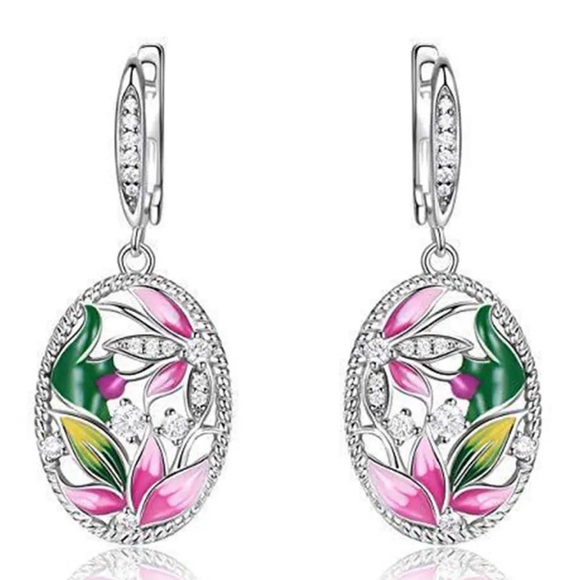 🎁 Hand Painted Crystal & Enamel Dangle Earrings - Picture 1 of 5